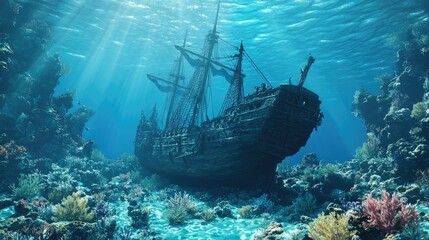 An ancient shipwreck rests on the ocean floor, surrounded by vibrant coral reefs and beams of light filtering through the water.
