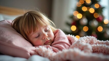 Little girl with blond hair sleeping in bed against the backdrop of christmas tree