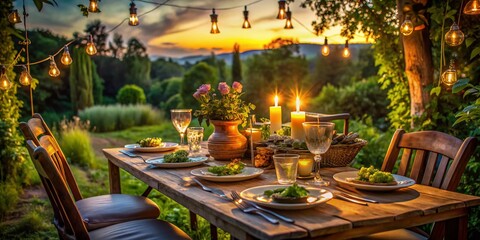 Obraz premium Cozy Countryside Dining Setup at Dusk with Soft Lighting - A Beautiful Low Light Photography of a Rustic Table Ready for Guests Amidst Nature's Serenity