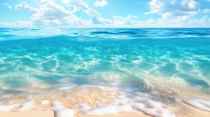 Obraz premium Vibrant blue ocean waves gently lap against a serene sandy beach under a bright sky.