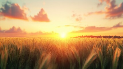 Fototapeta premium Golden sunset over a wheat field with vibrant colors and soft clouds.