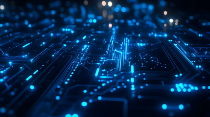 Obraz premium A glowing blue digital circuit in a dark background, emphasizing data transmission and high-tech design.