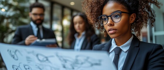 A group of colleagues discussing and organizing ideas on a large mind map drawn on a white office background 