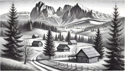 鉛筆スケッチで描かれた静かな山間の田園風景