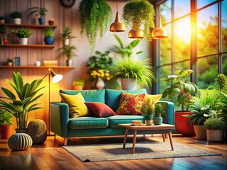 Cozy Interior with a Tilt-Shift Perspective Featuring a Stylish Sofa Surrounded by Lush Decorative Plants, Creating a Warm and Inviting Atmosphere for Home Decor Enthusiasts
