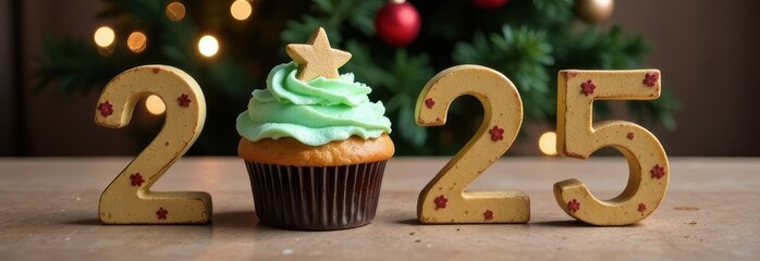 Festive Cupcake with Star Topping Next to Decorative 2025 Number