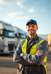 A confident male truck driver in uniform stands with arms crossed, exuding leadership.

