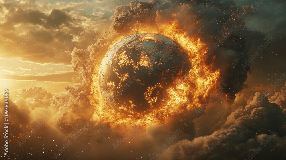 Poster a planet is exploding in the sky with a lot of fire