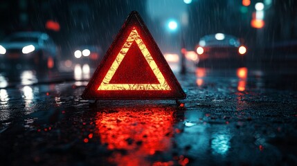 Red Emergency Triangle Reflecting on Rainy Road at Night