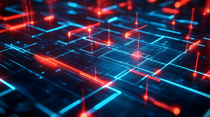 Obraz premium A glowing network of blue and red intersecting digital lines, symbolizing a futuristic data flow system.