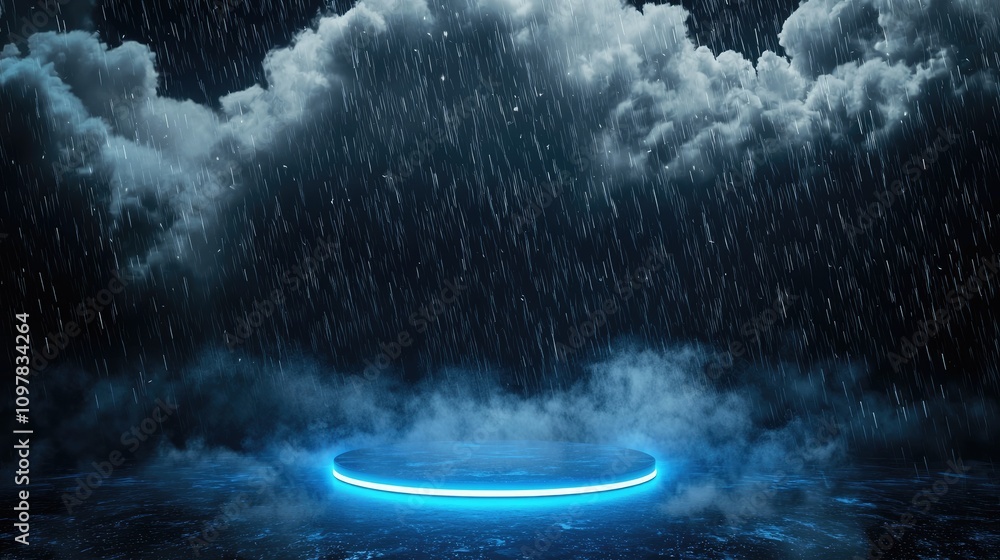 Wall mural abstract dark background with illuminated round blue platform in the center, empty space around, bla