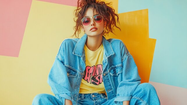Cool girl in denim jacket and sunglasses against colorful background.