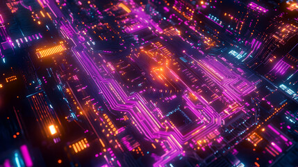 Obraz premium A vibrant glowing purple and orange futuristic motherboard filled with interconnected circuits, presenting advanced cyber technology.