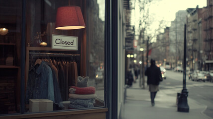 Closed boutique storefront with elegant window display, symbolizing the end of a day and the anticipation of a new beginning