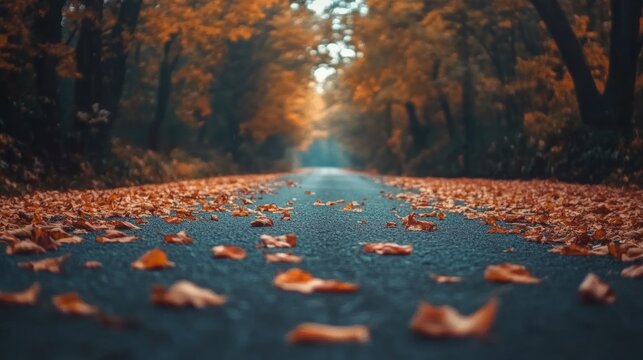 Road lined with autumn leaves in a quiet forest, perfect for a seasonal journey