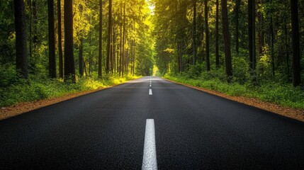 Obraz premium Road through a dense forest, capturing a scenic and tranquil road trip atmosphere
