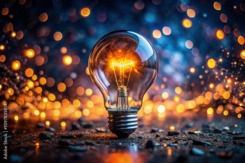 Aufkleber creative idea spark in low light with glowing light bulb and abstract background to inspire innovati