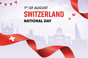 Switzerland Flag Waving On Skyline Background. National Day Concept Design Vector Illustration.