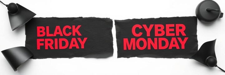 Black Friday and Cyber Monday concept with hyper realistic black paper and red text on white background,  graphic design,  banner
