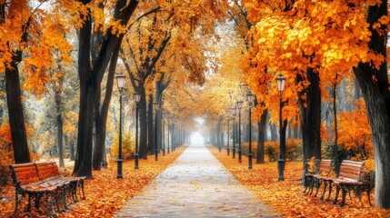 Naklejka premium Scenic view of a park in autumn with trees in vibrant fall colors, perfect for a peaceful walk