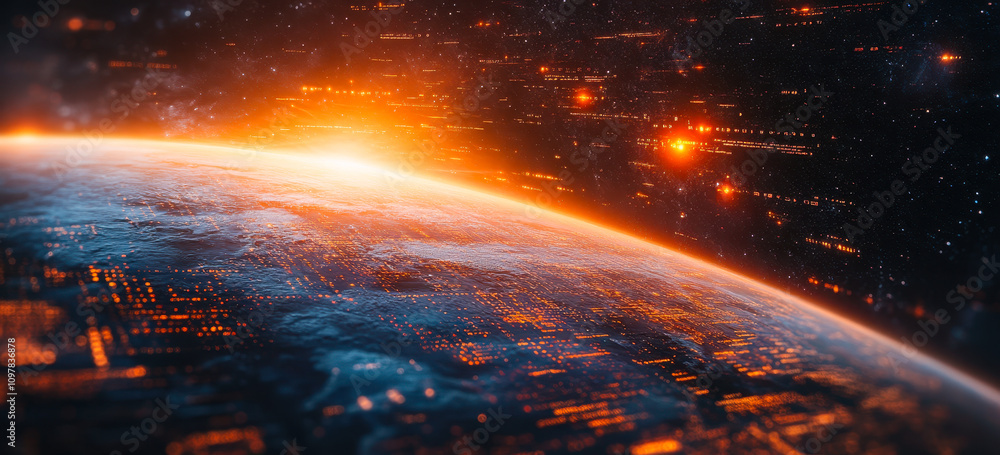 Poster digital world: planet earth with futuristic programming code overlay