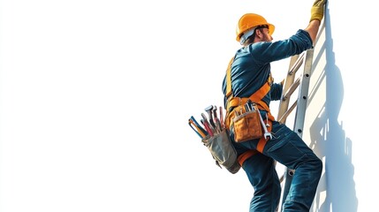 Naklejka premium Construction Worker Ascending Ladder Realistic Image
