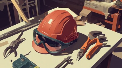 Fototapeta premium Construction Helmet and Tools Illustration - Safety Gear, Hard Hat, Worksite, Equipment, Workplace, Industry, Protection, Safety First, Construction, Tools, Gear