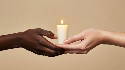 Two Diverse Hands Holding a Lit Candle Against a Neutral Background, Symbolizing Unity, Hope, Peace, and Connection Across Cultures and Ethnicities