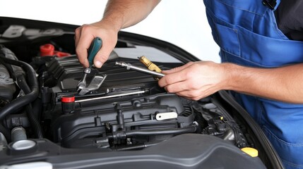 Skilled repairman with tools working on a car engine, showcasing automotive repair expertise