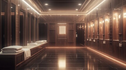 Naklejka premium A serene spa interior featuring wooden decor, soft lighting, and relaxation areas.