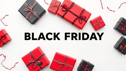 Hyper realistic photo of red and black wrapped presents on White background for Black Friday sale,  retail,  promotion,  holiday