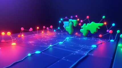 Obraz premium 3D Rendered Glowing World Map with Light Trails and Connected Points
