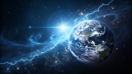 Obraz premium Glitched digital vortex, ethereal and captivating, depicting Earth amidst cosmic energy, space with shimmering blue and bright light.