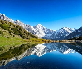 Naklejka premium A majestic mountain range with snow-capped peaks under a clear blue sky, reflected perfectly in a tranquil alpine lake