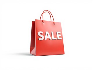 Realistic red shopping bag with SALE text isolated on white background for retail promotion, marketing, copy space,  text,  stock photo,  sale