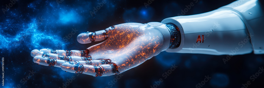Poster ai robot hand connecting with human in digital transformation and blockchain network