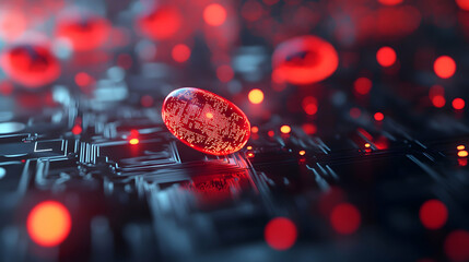 Glowing red circular cells floating across a luminous digital platform, highlighting bio-digital interaction in a futuristic design.

