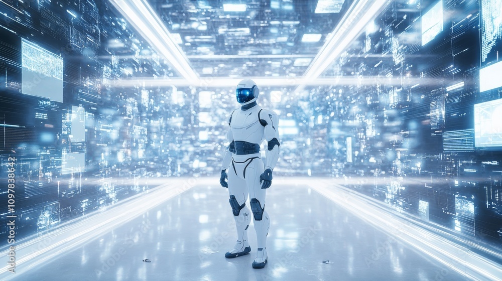 Poster a sleek humanoid robot stands confidently in a glowing futuristic data center, surrounded by digital