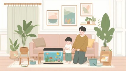 Father and Son Observing a Home Aquarium in a Cozy Living Room