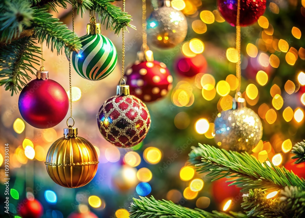 Poster delicate handmade christmas ornaments hanging from a festive tree in tilt-shift focus, creating a wh