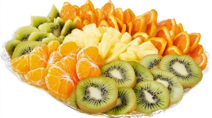 A refreshing fruit platter with a variety of sliced kiwi, pineapple, and oranges