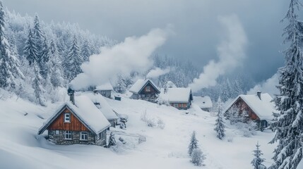 Naklejka premium Snowy village in winter with cozy cottages and smoke rising from chimneys