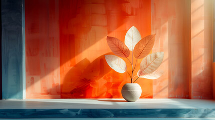Minimalist Abstract Composition with Leaves and Vase