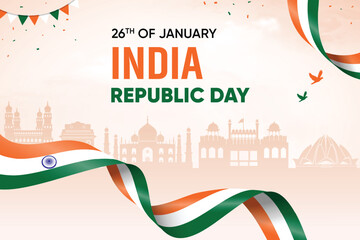 India Flag Waving On Skyline Background. Republic Day Concept Design Vector Illustration.