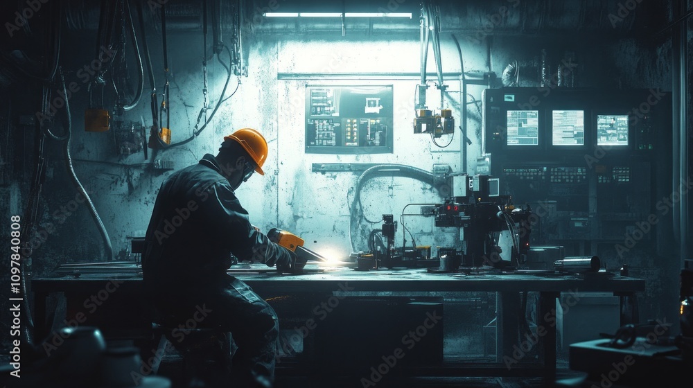Aufkleber a man in a hard hat is working on a machine in a dimly lit room