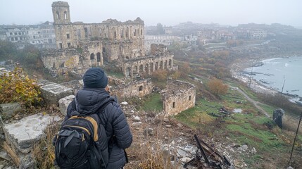 Solitary Traveler on Misty Ruins Overlooking Coastal City