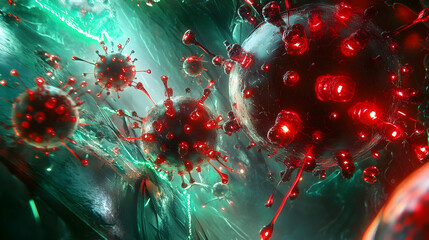 A vivid depiction of red virus-like particles suspended in a greenish fluid, symbolizing infection and biological processes.