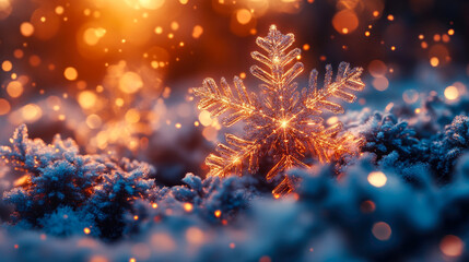 Fototapeta premium Radiant snowflakes capture winter's essence for Christmas decor. Their warm glow creates a cozy, joyful atmosphere, turning any space into a festive wonderland. Perfect for holiday celebrations.