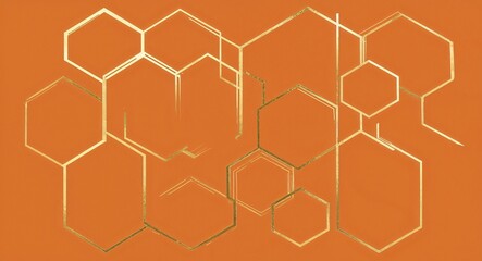 Gold Hexagon pattern hand drawn design on Orange background illustration