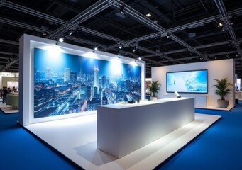 Modern exhibition booth showcasing city skyline and technology.